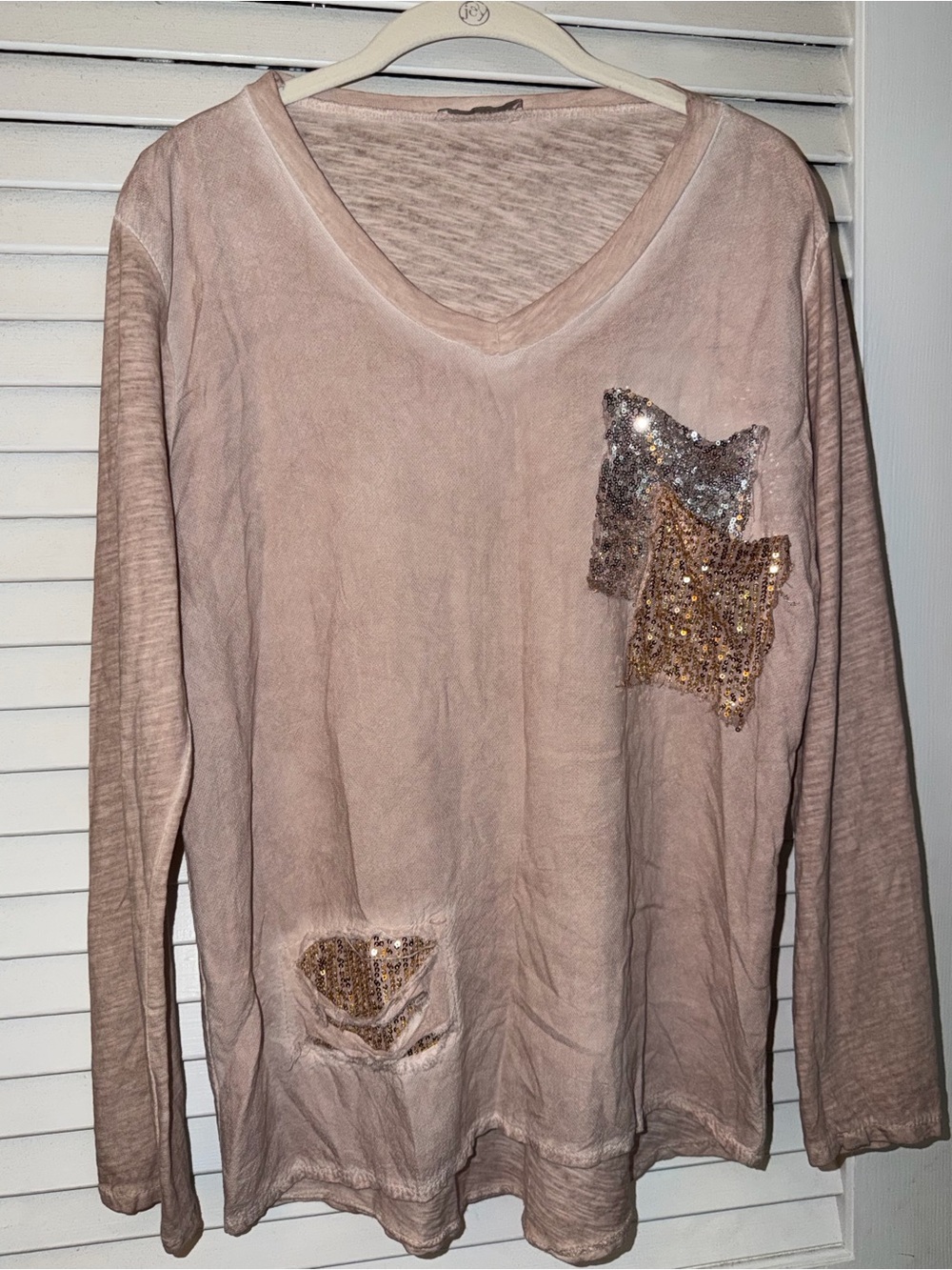 Women’s V-Neck Long Sleeve Top with Sequin Accents - Blush